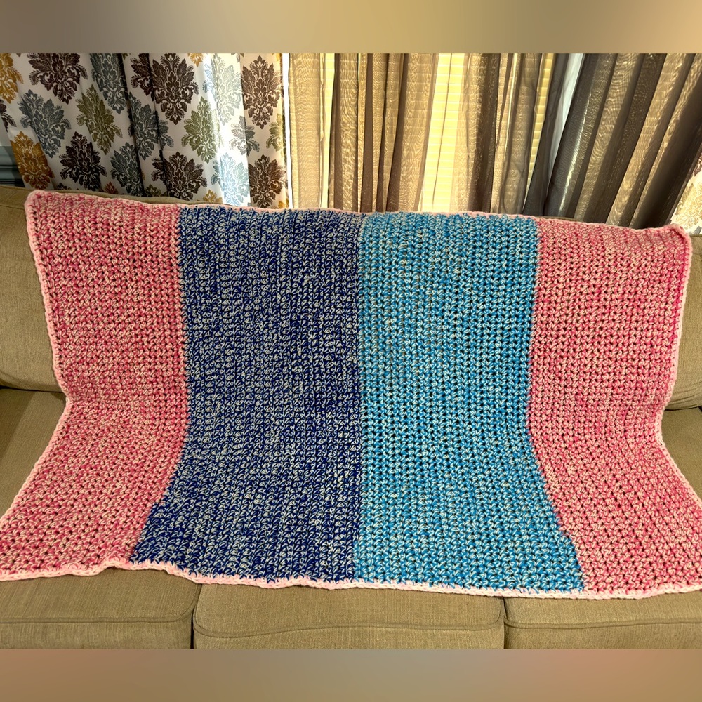 Homemade Quilt 59”X40”. Dark Blue, Light Blue & Pink.